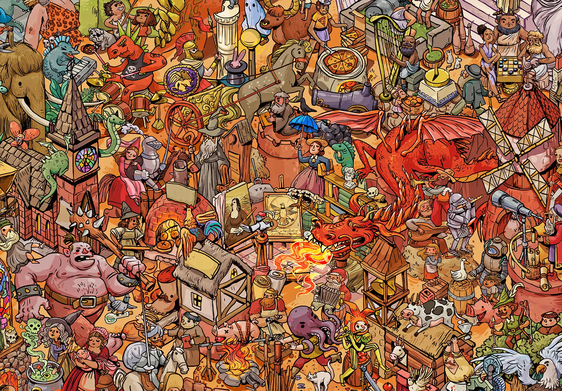 Cartoon fantasy village filled with dragons, knights, musicians and timber-framed houses
