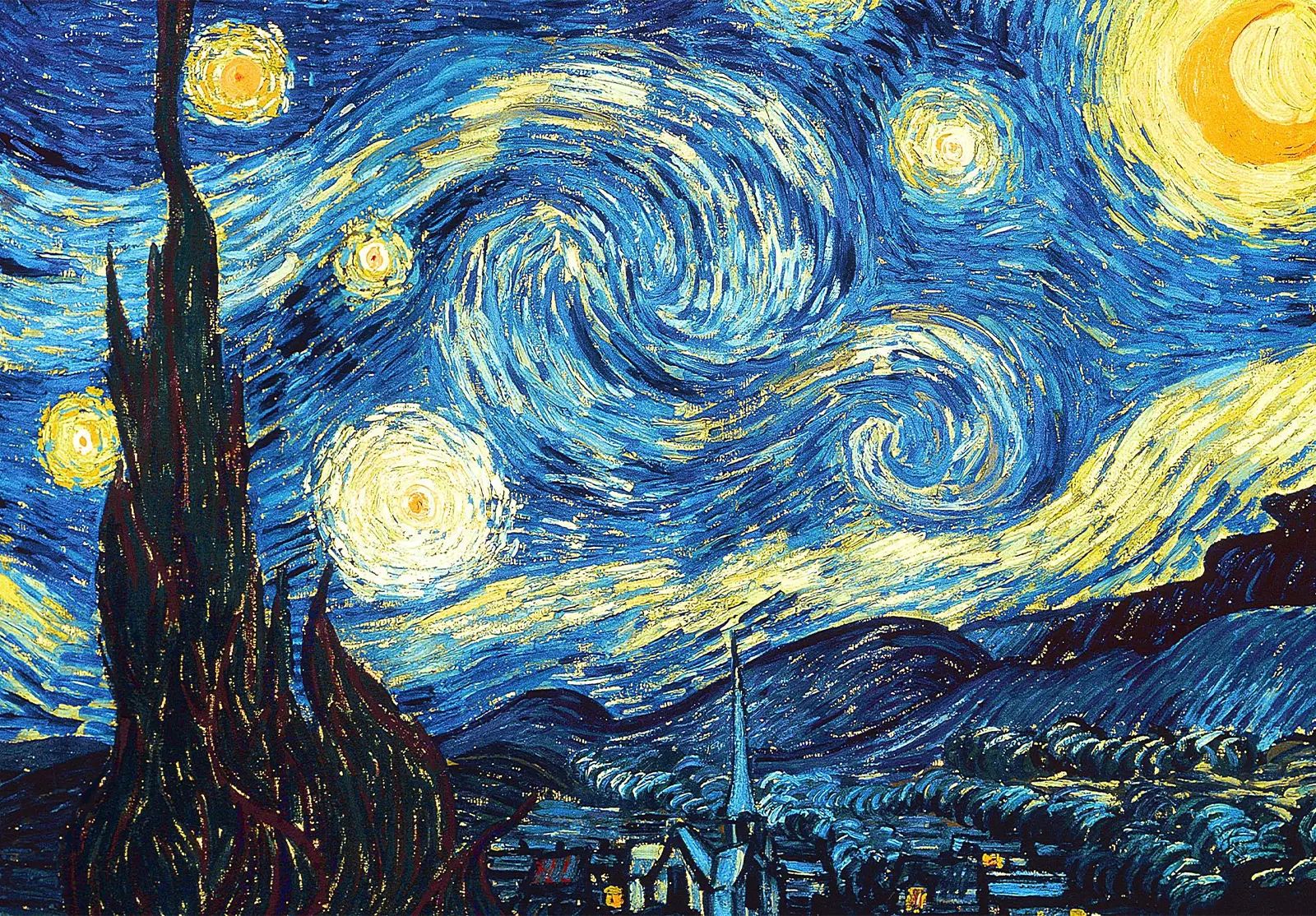 Van Gogh’s Starry Night artwork with swirling blue skies, yellow stars and a dark cypress