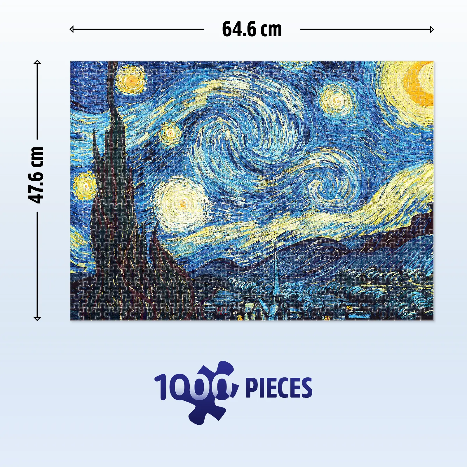Starry Night 1000-piece puzzle measuring 64.6 cm wide and 47.6 cm high