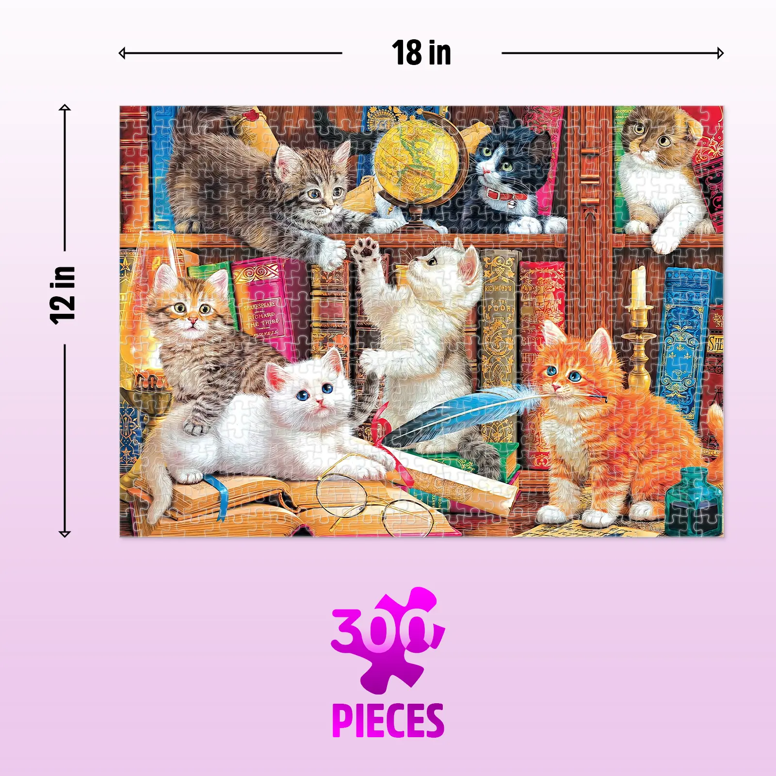 Cats 300-piece jigsaw puzzle measuring 18 inches wide and 12 inches high