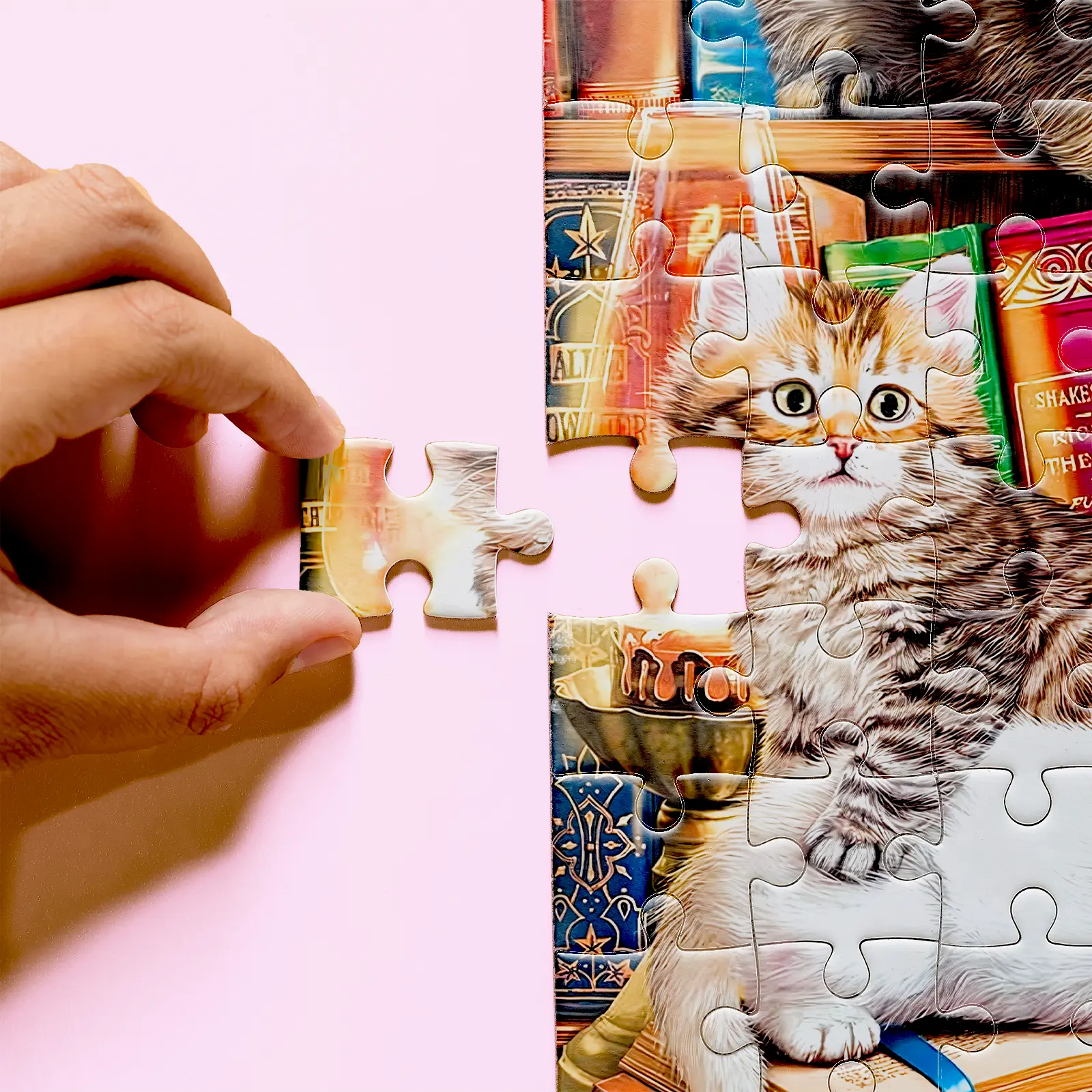 Hand holding a Cats puzzle piece beside a tabby kitten and illustrated books