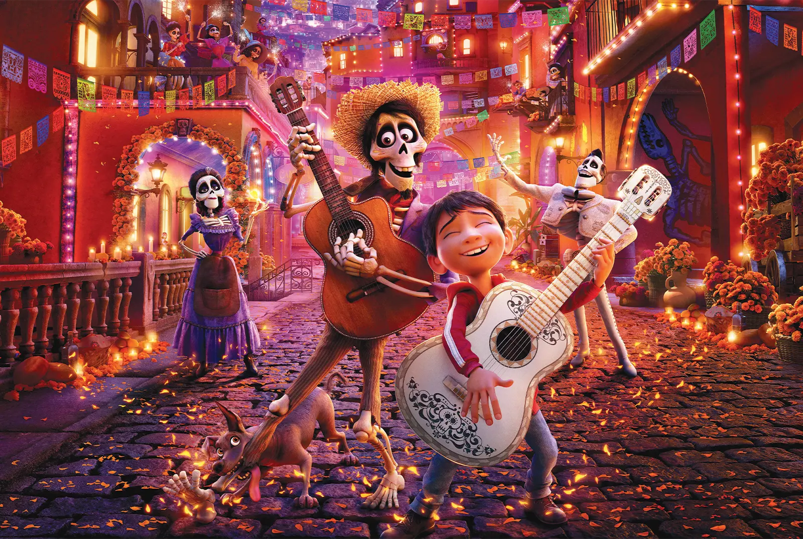 Coco characters playing guitars in a colourful street with flowers, candles and paper banners