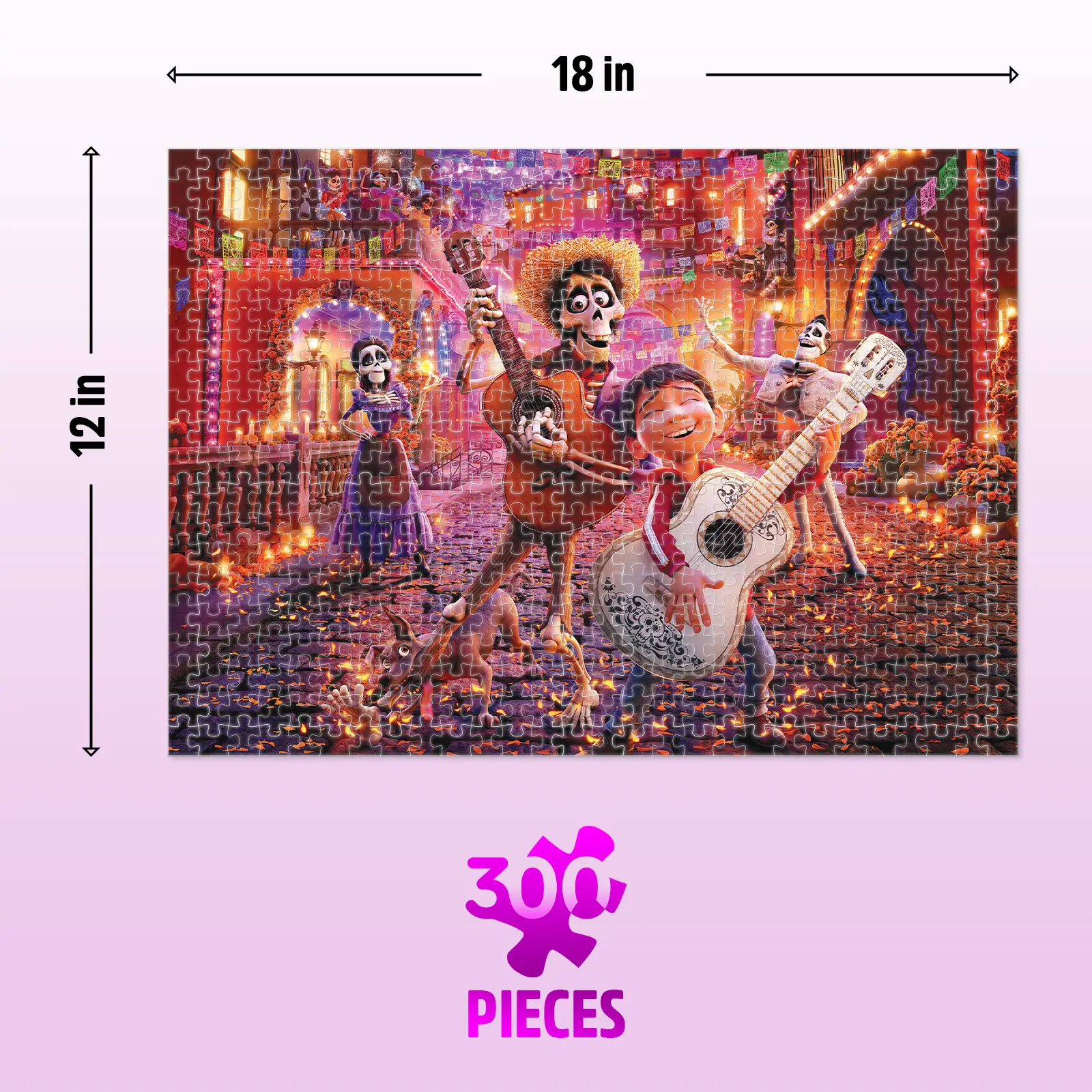 Coco 300-piece jigsaw puzzle measuring 18 inches wide and 12 inches high
