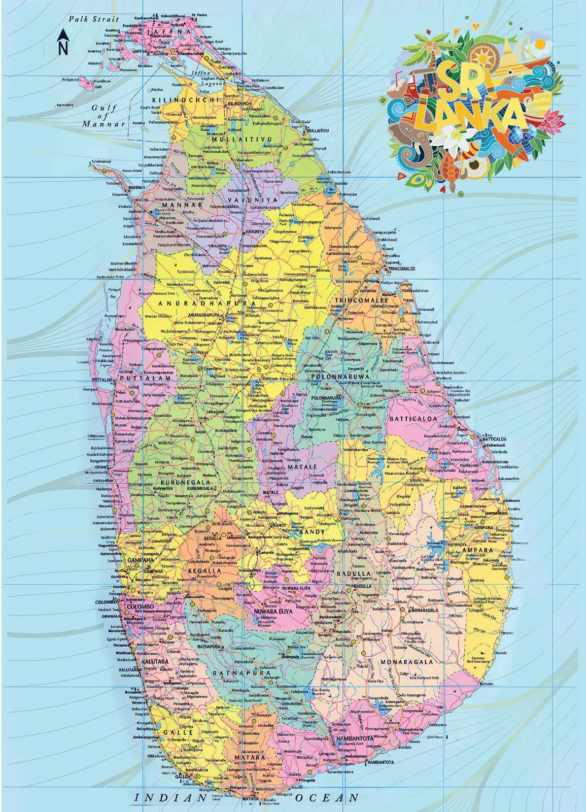 Portrait map of Sri Lanka with colourful districts, roads and place names
