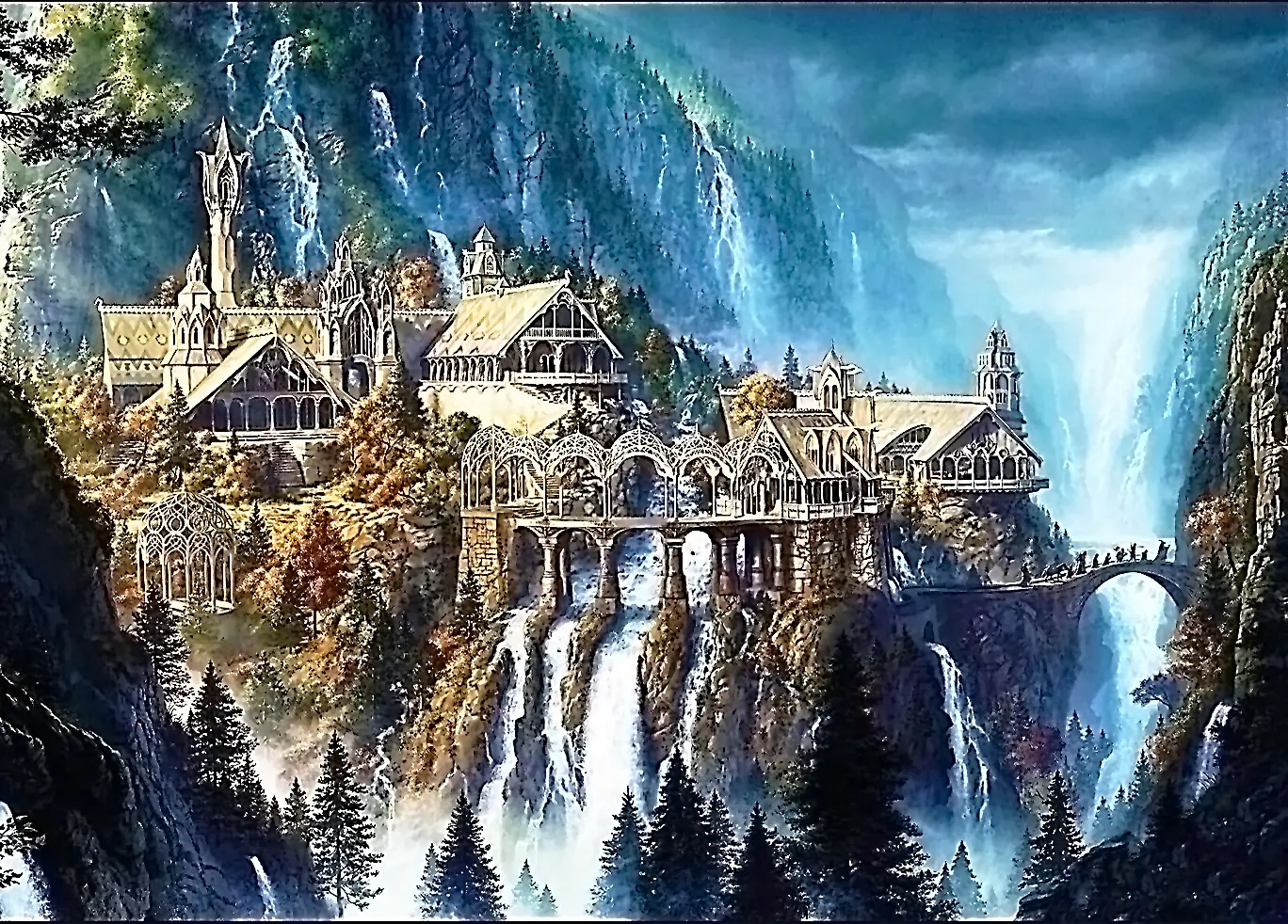 Rivendell buildings and arched bridges above waterfalls in a blue mountain valley