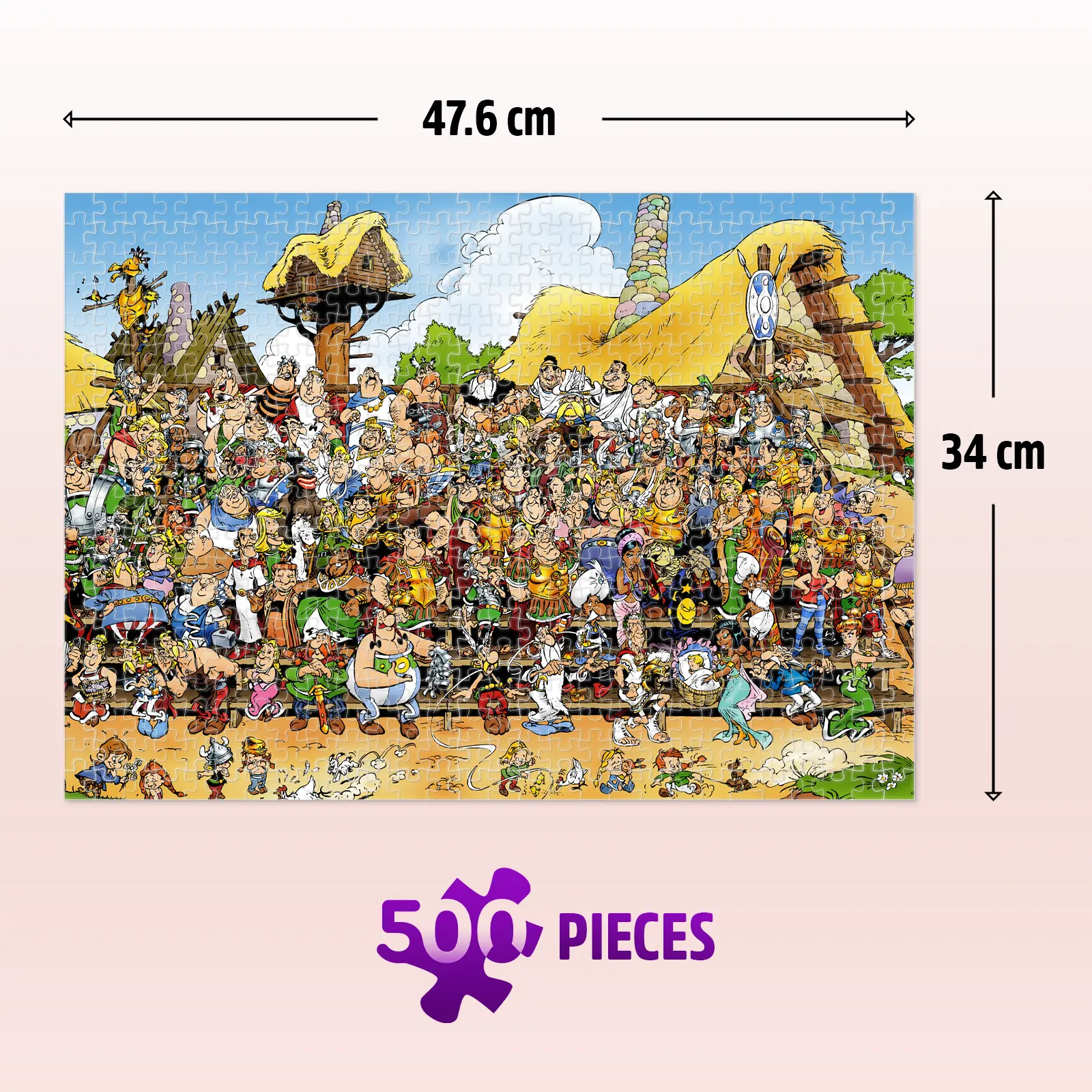 Jigsawfy Asterix Universe 500-piece puzzle showing finished dimensions of 47.6 × 34 cm