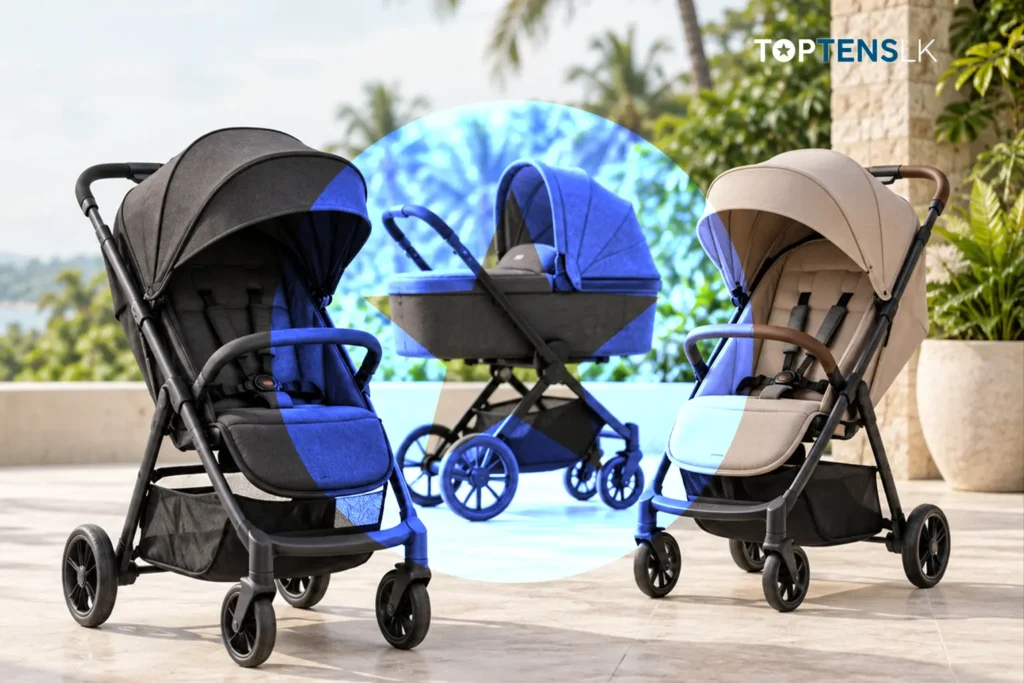 Three illustrative baby strollers on a tropical terrace for the TopTens Sri Lanka buying guide.